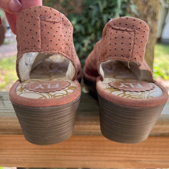 FLY LONDON Perforated Leather Wedges Womens 38 Pink Nubuck Slingback Peep Toe - Picture 9 of 11